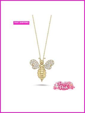 14k Solid Gold Dainty Bee Pendant Necklace, 18" Cable Chain, Zircon Stone, Pave